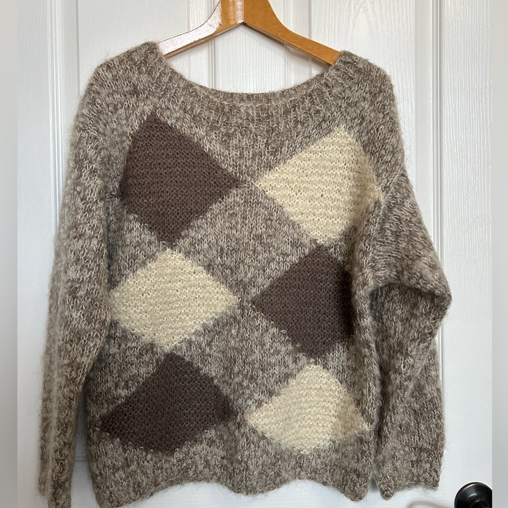 90s vintage Linda Allard Tracy Ellen Argyle chunky sweater. Mohair knit medium